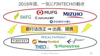 2016年度、一気にFINTECHの動き
37Copyright © Toshihide Atsumi
銀行法改正 ⇒ 出資、提携
 