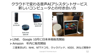 クラウドで変わる音声AIアシスタントサービス
新しいコンピュータとの付き合い方
Copyright © Toshihide Atsumi 52
➢ LINE、 Google 10月に日本本格販売開始
➢ Amazon 年内に販売開始
三菱東京UFJ、NHK、NTTドコモ、クックパッド、KDDI、JRなど開発中
 