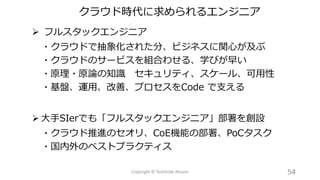 クラウド時代に求められるエンジニア
➢ フルスタックエンジニア
・クラウドで抽象化された分、ビジネスに関心が及ぶ
・クラウドのサービスを組合わせる、学びが早い
・原理・原論の知識 セキュリティ、スケール、可用性
・基盤、運用、改善、プロセスをCode で支える
➢ 大手SIerでも「フルスタックエンジニア」部署を創設
・クラウド推進のセオリ、CoE機能の部署、PoCタスク
・国内外のベストプラクティス
54Copyright © Toshihide Atsumi
 