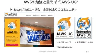 AWSの勉強と言えば ”JAWS-UG”
➢ Japan AWSユーザ会 全国60余りのコミュニティ
55Copyright © Toshihide Atsumi
一般公開ユーザ会 大手企業限定ユーザ会
https://jaws-ug.jp/
 