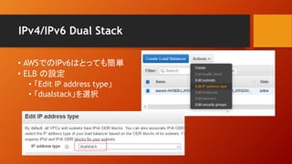 IPv4/IPv6 Dual Stack
• AWSでのIPv6はとっても簡単
• ELB の設定
• 「Edit IP address type」
• 「dualstack」を選択
 