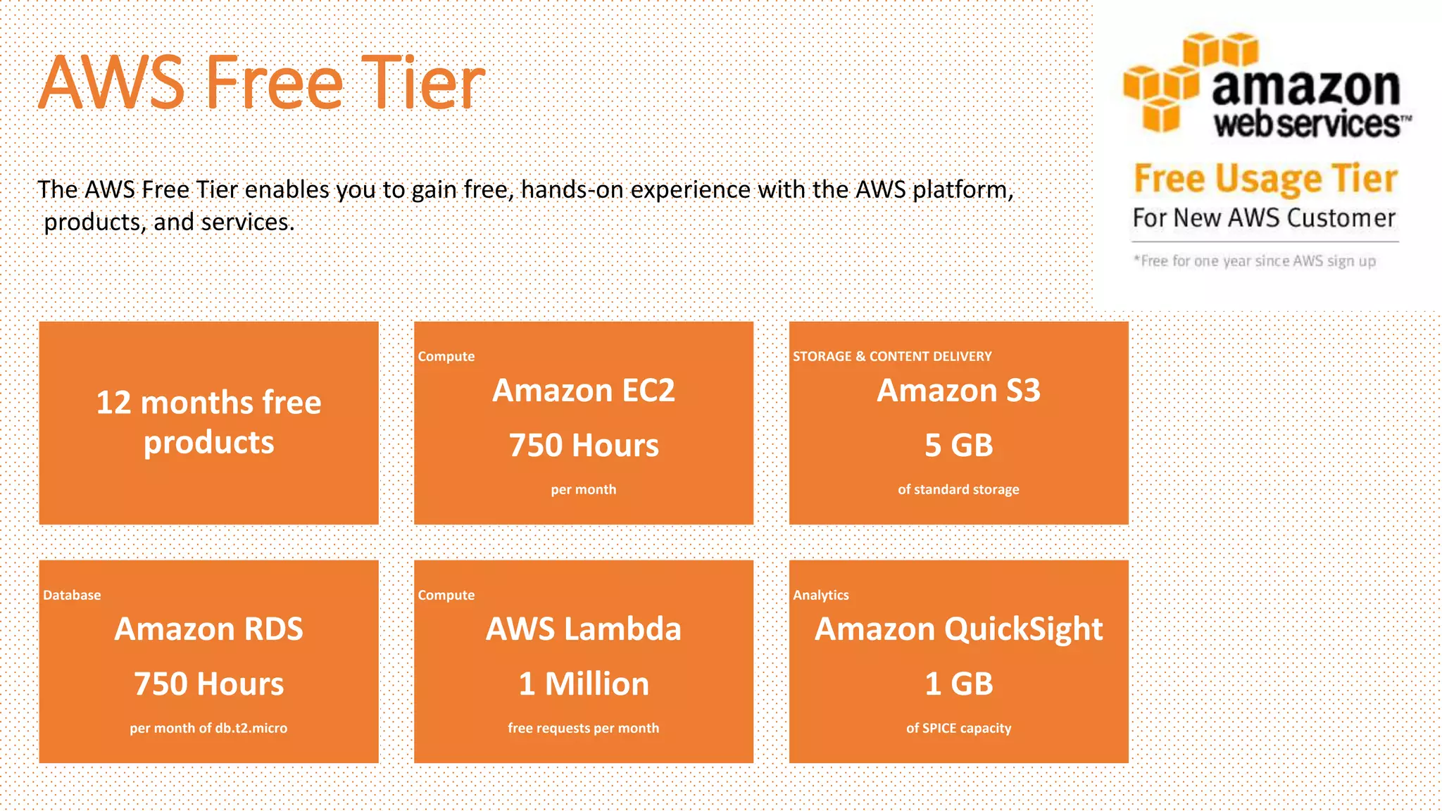 AWS Free Tier
The AWS Free Tier enables you to gain free, hands-on experience with the AWS platform,
products, and services.
12 months free
products
Compute
Amazon EC2
750 Hours
per month
STORAGE & CONTENT DELIVERY
Amazon S3
5 GB
of standard storage
Database
Amazon RDS
750 Hours
per month of db.t2.micro
Compute
AWS Lambda
1 Million
free requests per month
Analytics
Amazon QuickSight
1 GB
of SPICE capacity
 