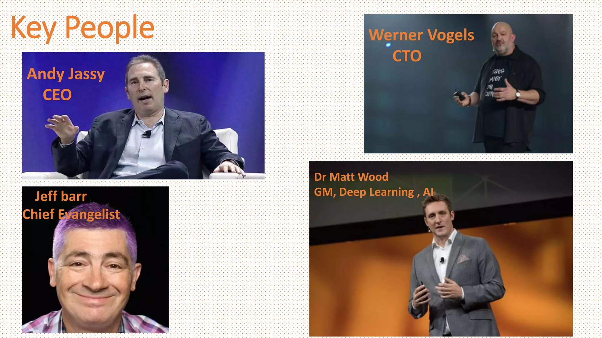 Key People
Andy Jassy
CEO
Werner Vogels
CTO
Jeff barr
Chief Evangelist
Dr Matt Wood
GM, Deep Learning , AI
 