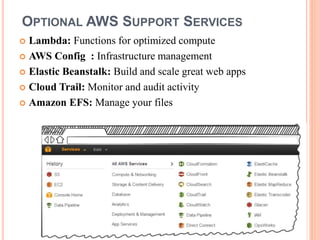 OPTIONAL AWS SUPPORT SERVICES
 Lambda: Functions for optimized compute
 AWS Config : Infrastructure management
 Elastic Beanstalk: Build and scale great web apps
 Cloud Trail: Monitor and audit activity
 Amazon EFS: Manage your files
 