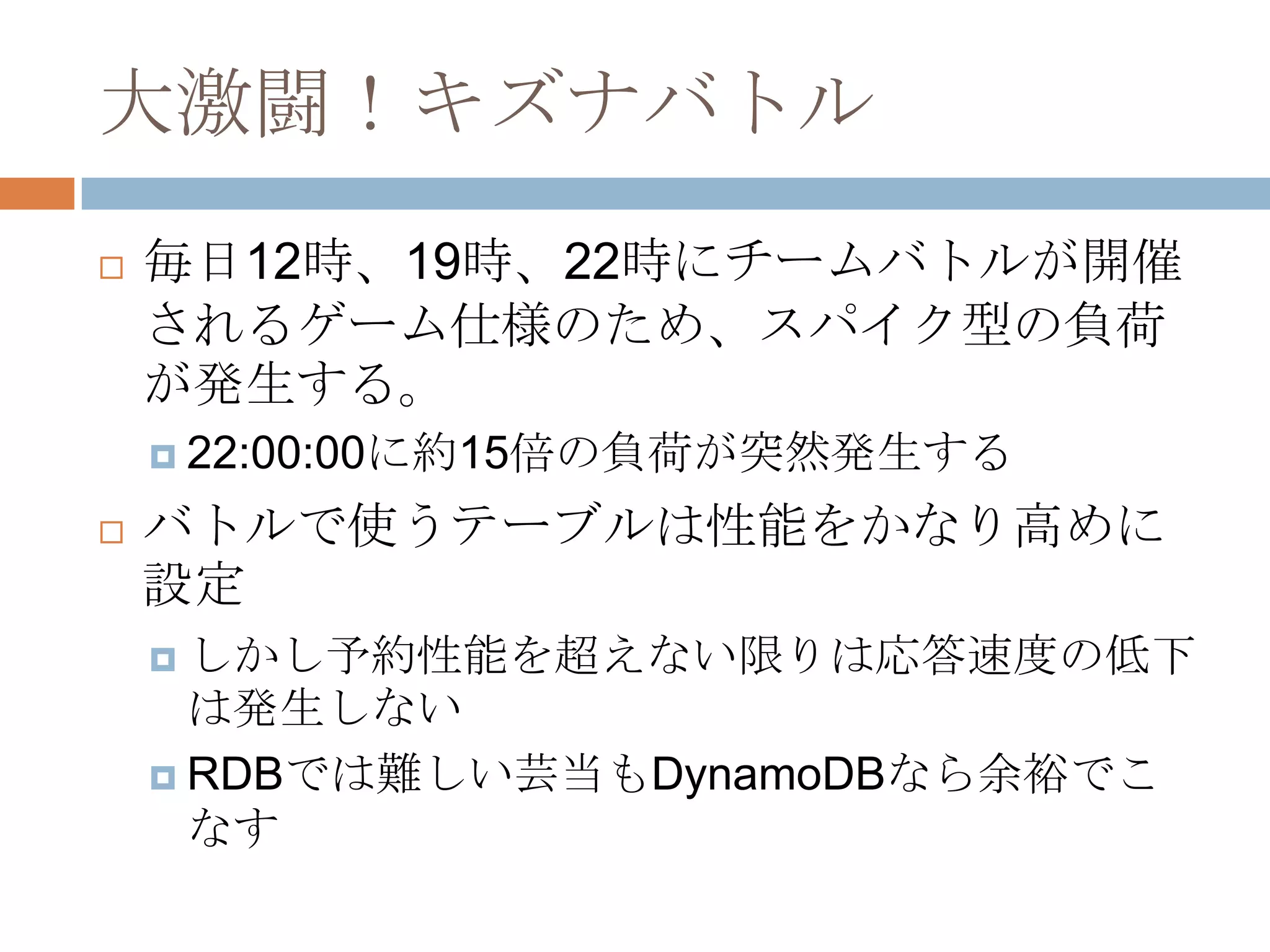 大激闘！キズナバトル
 毎日12時、19時、22時にチームバトルが開催
されるゲーム仕様のため、スパイク型の負荷
が発生する。
 22:00:00に約15倍の負荷が突然発生する
 バトルで使うテーブルは性能をかなり高めに
設定
 しかし予約性能を超えない限りは応答速度の低下
は発生しない
 RDBでは難しい芸当もDynamoDBなら余裕でこ
なす
 