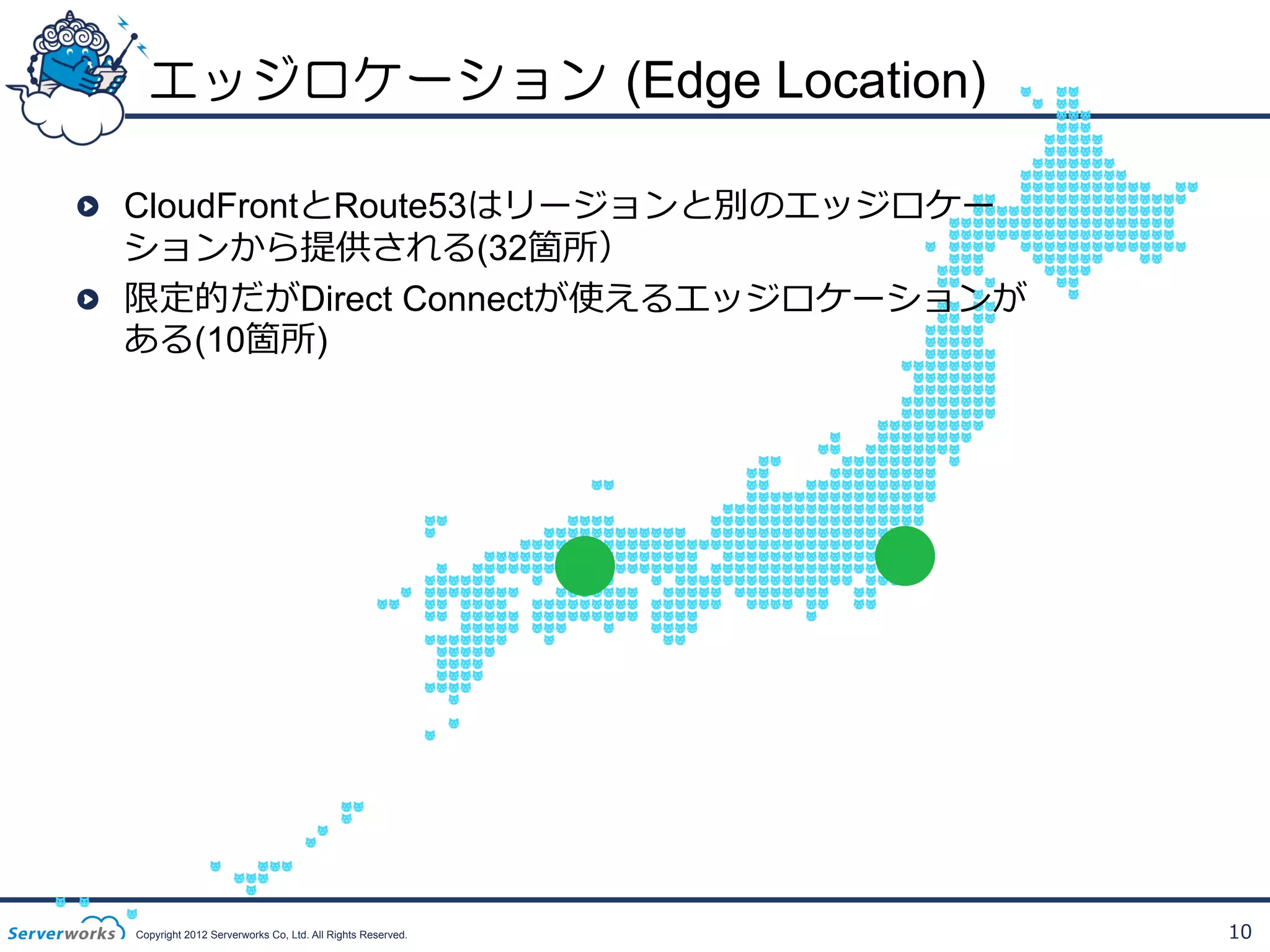 エッジロケーション  (Edge Location)
CloudFrontとRoute53はリージョンと別のエッジロケー
ションから提供される(32箇所）
!   限定的だがDirect Connectが使えるエッジロケーションが
ある(10箇所)
!

Copyright 2012 Serverworks Co, Ltd. All Rights Reserved.

10

 