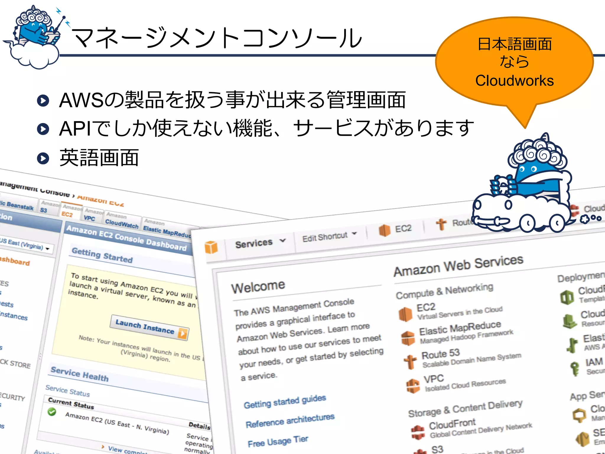 マネージメントコンソール

⽇日本語画⾯面
なら
Cloudworks

!   AWSの製品を扱う事が出来る管理理画⾯面
!   APIでしか使えない機能、サービスがあります
!   英語画⾯面

Copyright 2012 Serverworks Co, Ltd. All Rights Reserved.

12

 