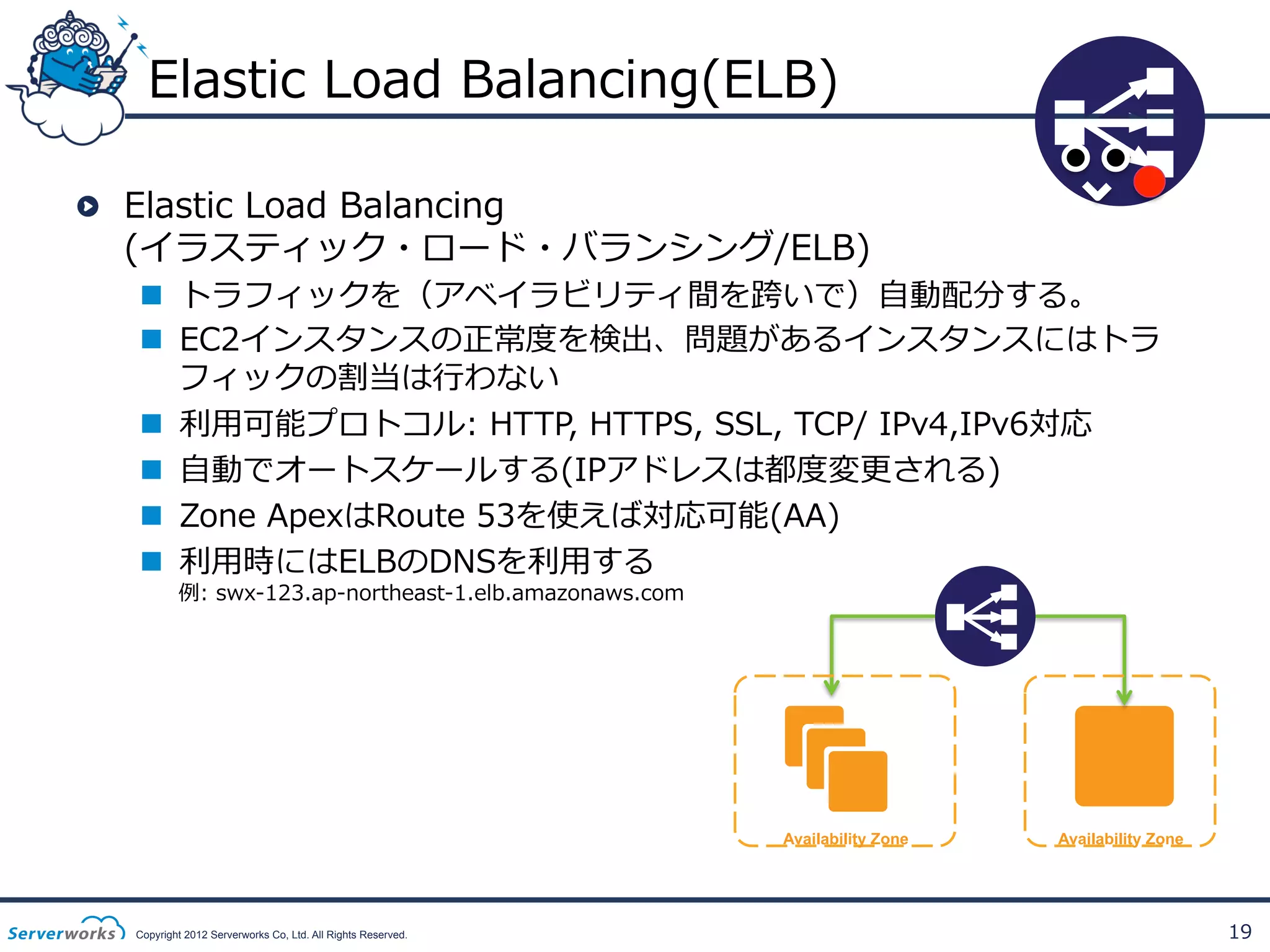 Elastic  Load  Balancing(ELB)
!   Elastic  Load  Balancing
(イラスティック・ロード・バランシング/ELB)

n  トラフィックを（アベイラビリティ間を跨いで）⾃自動配分する。
n  EC2インスタンスの正常度度を検出、問題があるインスタンスにはトラ
フィックの割当は⾏行行わない
n  利利⽤用可能プロトコル:  HTTP,  HTTPS,  SSL,  TCP/  IPv4,IPv6対応
n  ⾃自動でオートスケールする(IPアドレスは都度度変更更される)
n  Zone  ApexはRoute  53を使えば対応可能(AA)
n  利利⽤用時にはELBのDNSを利利⽤用する
例例:  swx-‐‑‒123.ap-‐‑‒northeast-‐‑‒1.elb.amazonaws.com

Availability Zone

Copyright 2012 Serverworks Co, Ltd. All Rights Reserved.

Availability Zone

19

 