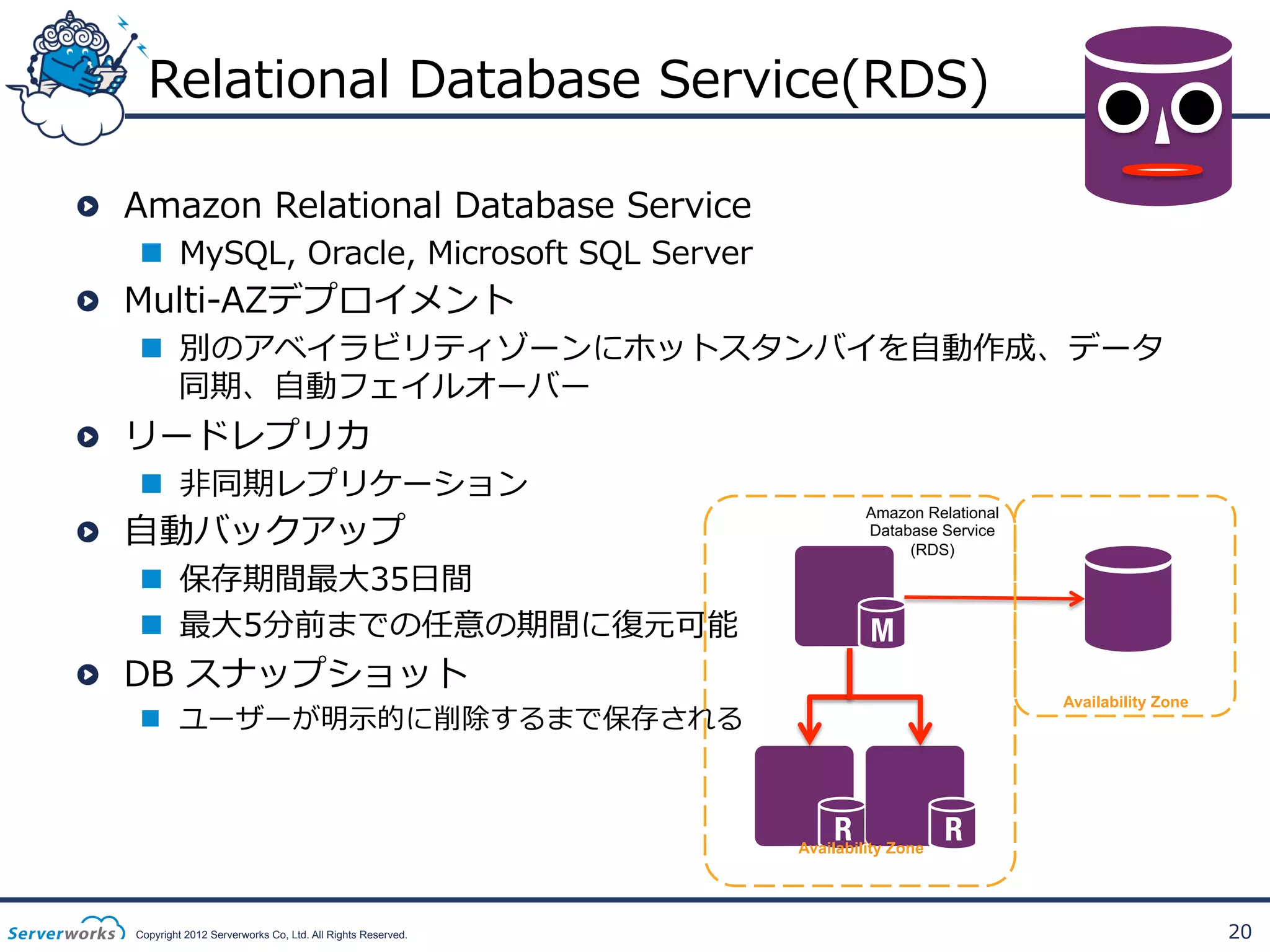 Relational  Database  Service(RDS)
!   Amazon  Relational  Database  Service

n  MySQL,  Oracle,  Microsoft  SQL  Server

!   Multi-‐‑‒AZデプロイメント

n  別のアベイラビリティゾーンにホットスタンバイを⾃自動作成、データ
同期、⾃自動フェイルオーバー

!   リードレプリカ

n  ⾮非同期レプリケーション

!   ⾃自動バックアップ

n  保存期間最⼤大35⽇日間
n  最⼤大5分前までの任意の期間に復復元可能

Amazon Relational
Database Service
(RDS)

!   DB  スナップショット

Availability Zone

n  ユーザーが明⽰示的に削除するまで保存される

Availability Zone

Copyright 2012 Serverworks Co, Ltd. All Rights Reserved.

20

 
