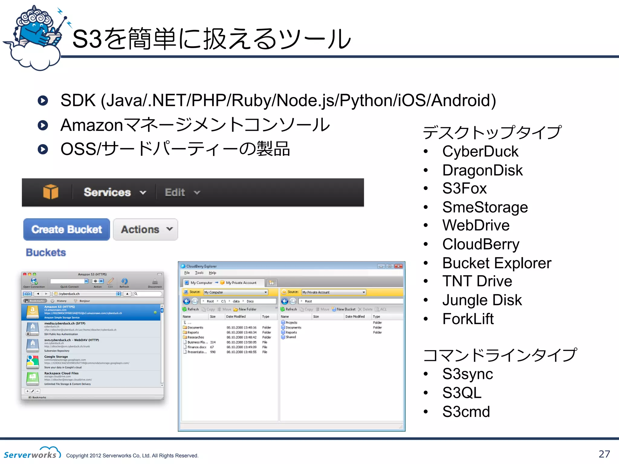 S3を簡単に扱えるツール
!   SDK (Java/.NET/PHP/Ruby/Node.js/Python/iOS/Android)
!   Amazonマネージメントコンソール
デスクトップタイプ
!   OSS/サードパーティーの製品
•  CyberDuck
• 
• 
• 
• 
• 
• 
• 
• 
• 

DragonDisk
S3Fox
SmeStorage
WebDrive
CloudBerry
Bucket Explorer
TNT Drive
Jungle Disk
ForkLift

コマンドラインタイプ
•  S3sync
•  S3QL
•  S3cmd
Copyright 2012 Serverworks Co, Ltd. All Rights Reserved.

27

 