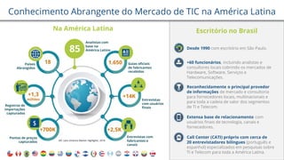 Analistas com
base na
América Latina85
1.650 Guias oficiais
de fabricantes
recebidos
+14K
Entrevistas
com usuários
finais
+2,5K
Entrevistas com
fabricantes e
canais
18Países
Abrangidos
+1,3
milhões
Registros de
importações
capturados
+700K
Pontos de preços
capturados IDC Latin America Market Highlights, 2018
Desde 1990 com escritório em São Paulo.
+60 funcionários, incluindo analistas e
consultores locais cobrindo os mercados de
Hardware, Software, Serviços e
Telecomunicações.
Reconhecidamente o principal provedor
de informações de mercado e consultoria
para fornecedores locais, multinacionais e
para toda a cadeia de valor dos segmentos
de TI e Telecom.
Extensa base de relacionamento com
usuários finais de tecnologia, canais e
fornecedores.
Call Center (CATI) próprio com cerca de
20 entrevistadores bilíngues (português e
espanhol) especializados em pesquisas sobre
TI e Telecom para toda a América Latina.
Escritório no BrasilNa América Latina
Conhecimento Abrangente do Mercado de TIC na América Latina
 