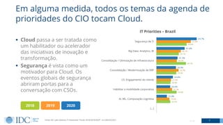 20.5%
29.8%
20.8%
29.3%
43.7%
33.1%
44.8%
19.2%
23.1%
21.6%
32.9%
30.2%
36.1%
51.0%
15.4%
20.4%
24.4%
28.9%
31.3%
41.8%
59.7%
(...)
AI, ML, Computação cognitiva
Habilitar a mobilidade corporativa
CX, Engajamento do cliente
Consolidação / Modernização de ERP
Consolidação / Otimização de infraestrutura
Big Data, Analytics, BI
Segurança de TI
IT Priorities – Brazil
7© IDC
2018 2019
▪ Cloud passa a ser tratada como
um habilitador ou acelerador
das iniciativas de inovação e
transformação.
▪ Segurança é vista como um
motivador para Cloud. Os
eventos globais de segurança
abriram portas para a
conversação com CSOs.
2020
Fonte: IDC Latin America IT Investment Trends 2018/2019/2020* (n=238/255/201)
Em alguma medida, todos os temas da agenda de
prioridades do CIO tocam Cloud.
 