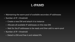 L-IPAMD
• Maintaining the warm-pool of available secondary IP addresses


• Number of IP < threshold


• Create a new ENI ...