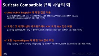© 2021, Amazon Web Services, Inc. or its affiliates. All rights reserved.
© 2021, Amazon Web Services, Inc. or its affiliates. All rights reserved.
Suricata Compatible 규칙 사용의 예
pass tls $HOME_NET any -> $EXTERNAL_NET 443 (msg:”AWS Service SNI”; tls_sni;
content:”.amazonaws.com”; sid:1001; rev:1;)
AWS Public Endpoint 에 대한 접근 허용
pass tcp $OFFICE_NET any -> $HOME_NET 22 (msg:"Allow SSH traffic"; sid:1002; rev:1;)
오피스 및 데이터센터 네트워크에서 VPC 로의 SSH 접근 허용
drop tcp any any -> any any (msg:"Drop tcp traffic"; flow:from_client, established; sid:1003; rev:1;)
모든 Ingress/Egress 에 대한 TCP 접속 차단
 