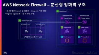 © 2021, Amazon Web Services, Inc. or its affiliates. All rights reserved.
© 2021, Amazon Web Services, Inc. or its affiliates. All rights reserved.
AWS Network Firewall – 분산형 방화벽 구조
• 각 AZ 별로 Firewall 을 활성화 – Endpoint 자동 생성
• Ingress, Egress 에 대한 트래픽 제어
Firewall Subnet
Customer VPC
Availability Zone Availability Zone
Firewall Subnet
Public subnet Public subnet
Private subnet Private subnet
AWS Managed VPC
AWS Network Firewall
Availability Zone Availability Zone
 