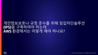 © 2021, Amazon Web Services, Inc. or its affiliates. All rights reserved.
© 2021, Amazon Web Services, Inc. or its affiliates. All rights reserved.
개인정보보호나 규정 준수를 위해 침입차단솔루션
(IPS)을 구축하여야 하는데
AWS 환경에서는 어떻게 해야 하나요?
 