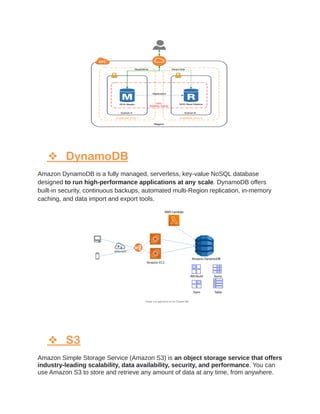 ❖ DynamoDB
Amazon DynamoDB is a fully managed, serverless, key-value NoSQL database
designed to run high-performance appli...