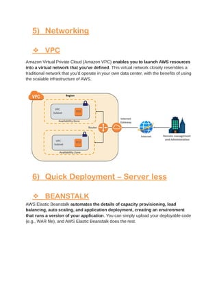 5) Networking
❖ VPC
Amazon Virtual Private Cloud (Amazon VPC) enables you to launch AWS resources
into a virtual network t...