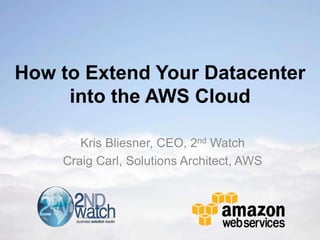 How to Extend Your Datacenter
     into the AWS Cloud

       Kris Bliesner, CEO, 2nd Watch
    Craig Carl, Solutions Architect, AWS
 