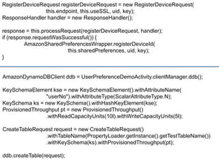 RegisterDeviceRequest registerDeviceRequest = new RegisterDeviceRequest(
                this.endpoint, this.useSSL, uid, key);
ResponseHandler handler = new ResponseHandler();

response = this.processRequest(registerDeviceRequest, handler);
if (response.requestWasSuccessful()) {
          AmazonSharedPreferencesWrapper.registerDeviceId(
                         this.sharedPreferences, uid, key);
}


AmazonDynamoDBClient ddb = UserPreferenceDemoActivity.clientManager.ddb();

KeySchemaElement kse = new KeySchemaElement().withAttributeName(
                "userNo").withAttributeType(ScalarAttributeType.N);
KeySchema ks = new KeySchema().withHashKeyElement(kse);
ProvisionedThroughput pt = new ProvisionedThroughput()
                .withReadCapacityUnits(10l).withWriteCapacityUnits(5l);

CreateTableRequest request = new CreateTableRequest()
               .withTableName(PropertyLoader.getInstance().getTestTableName())
               .withKeySchema(ks).withProvisionedThroughput(pt);

ddb.createTable(request);
 