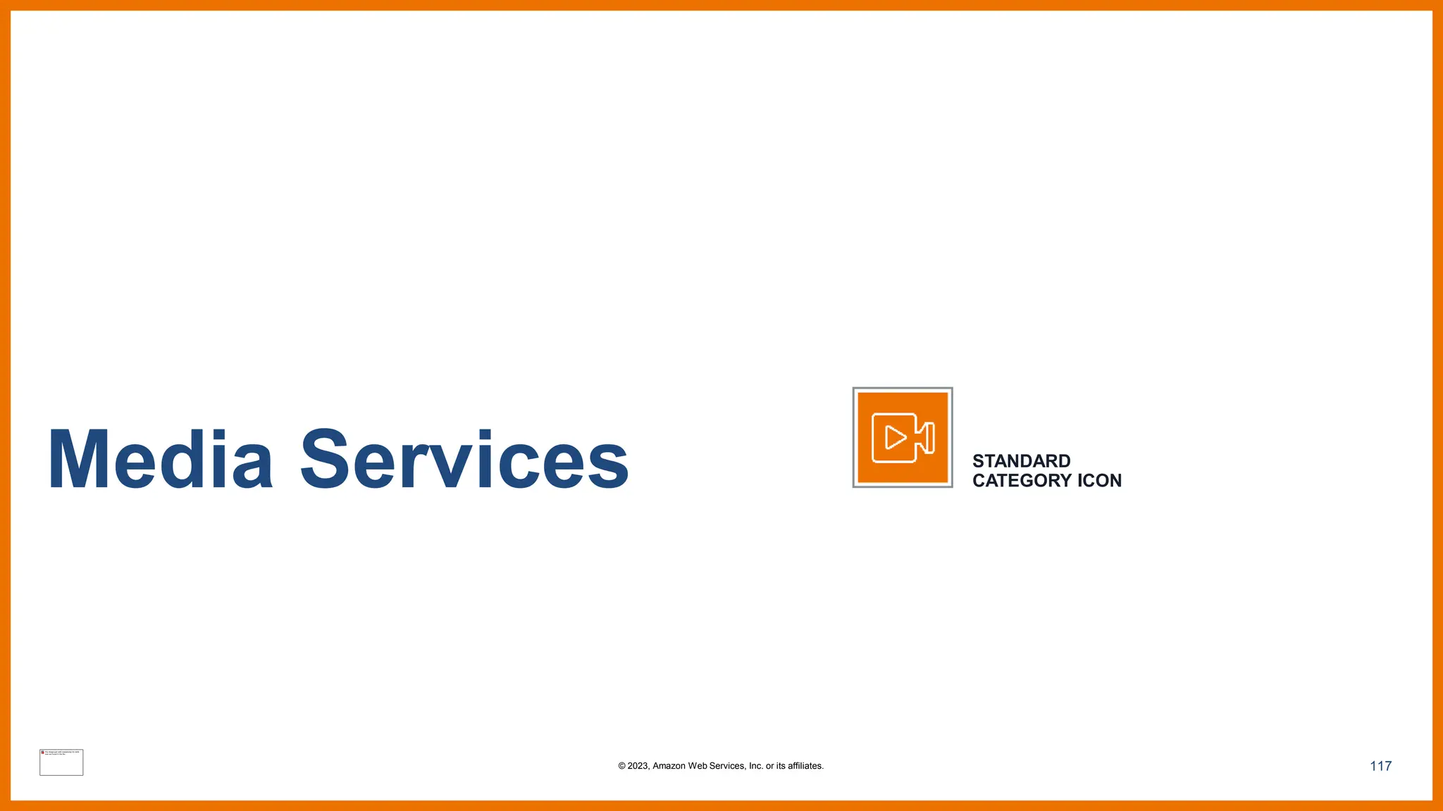 117
Media Services STANDARD
CATEGORY ICON
© 2023, Amazon Web Services, Inc. or its affiliates.
 