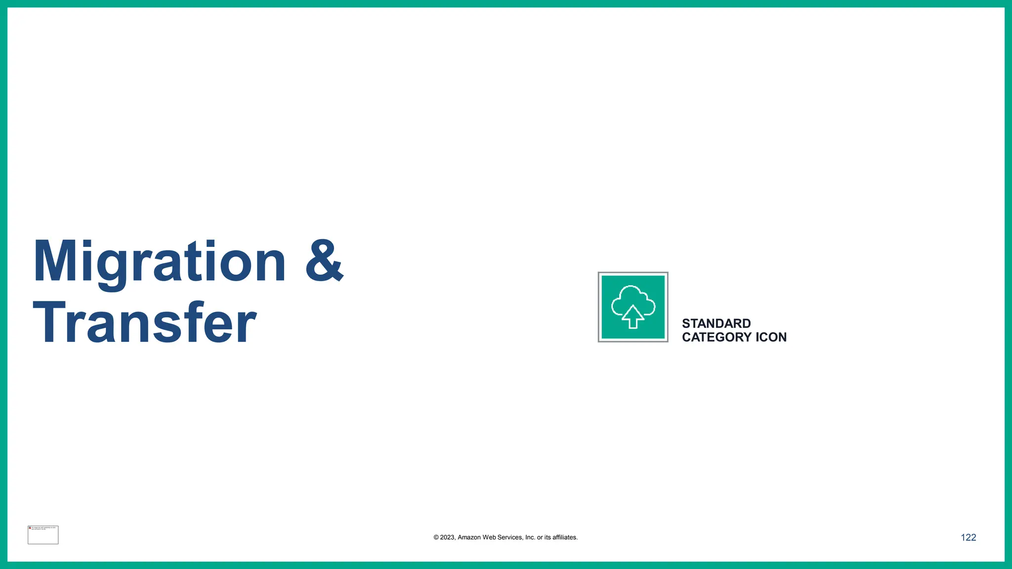 122
Migration &
Transfer STANDARD
CATEGORY ICON
© 2023, Amazon Web Services, Inc. or its affiliates.
 