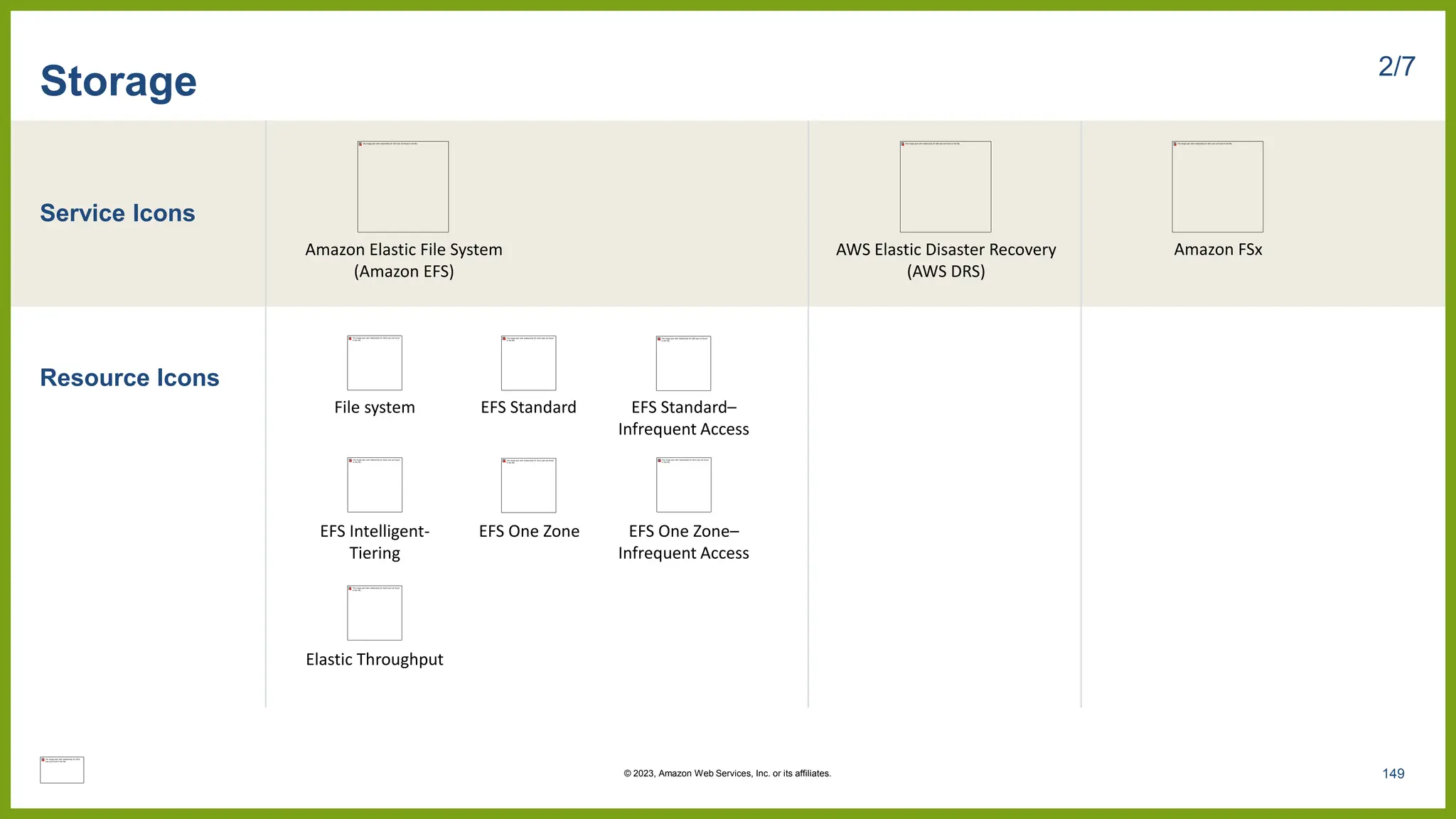 Service Icons
Resource Icons
Storage 2/7
Amazon FSx
File system
EFS One Zone–
Infrequent Access
EFS One Zone
EFS Standard EFS Standard–
Infrequent Access
EFS Intelligent-
Tiering
Amazon Elastic File System
(Amazon EFS)
Elastic Throughput
AWS Elastic Disaster Recovery
(AWS DRS)
149
© 2023, Amazon Web Services, Inc. or its affiliates.
 