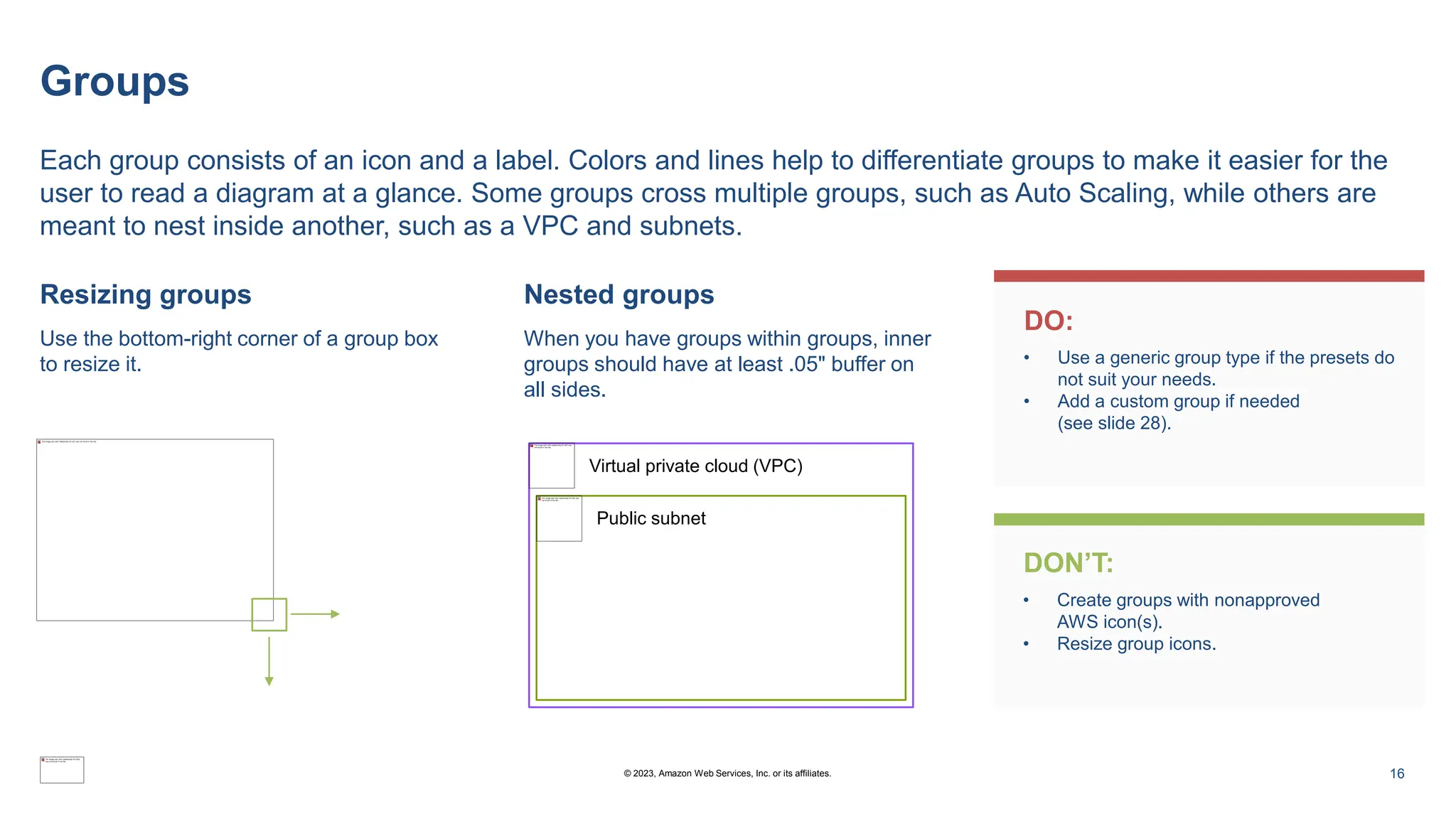 Groups
Each group consists of an icon and a label. Colors and lines help to differentiate groups to make it easier for the
user to read a diagram at a glance. Some groups cross multiple groups, such as Auto Scaling, while others are
meant to nest inside another, such as a VPC and subnets.
Resizing groups
Use the bottom-right corner of a group box
to resize it.
Nested groups
When you have groups within groups, inner
groups should have at least .05" buffer on
all sides.
Virtual private cloud (VPC)
DO:
DON’T:
• Use a generic group type if the presets do
not suit your needs.
• Add a custom group if needed
(see slide 28).
• Create groups with nonapproved
AWS icon(s).
• Resize group icons.
Public subnet
16
© 2023, Amazon Web Services, Inc. or its affiliates.
 