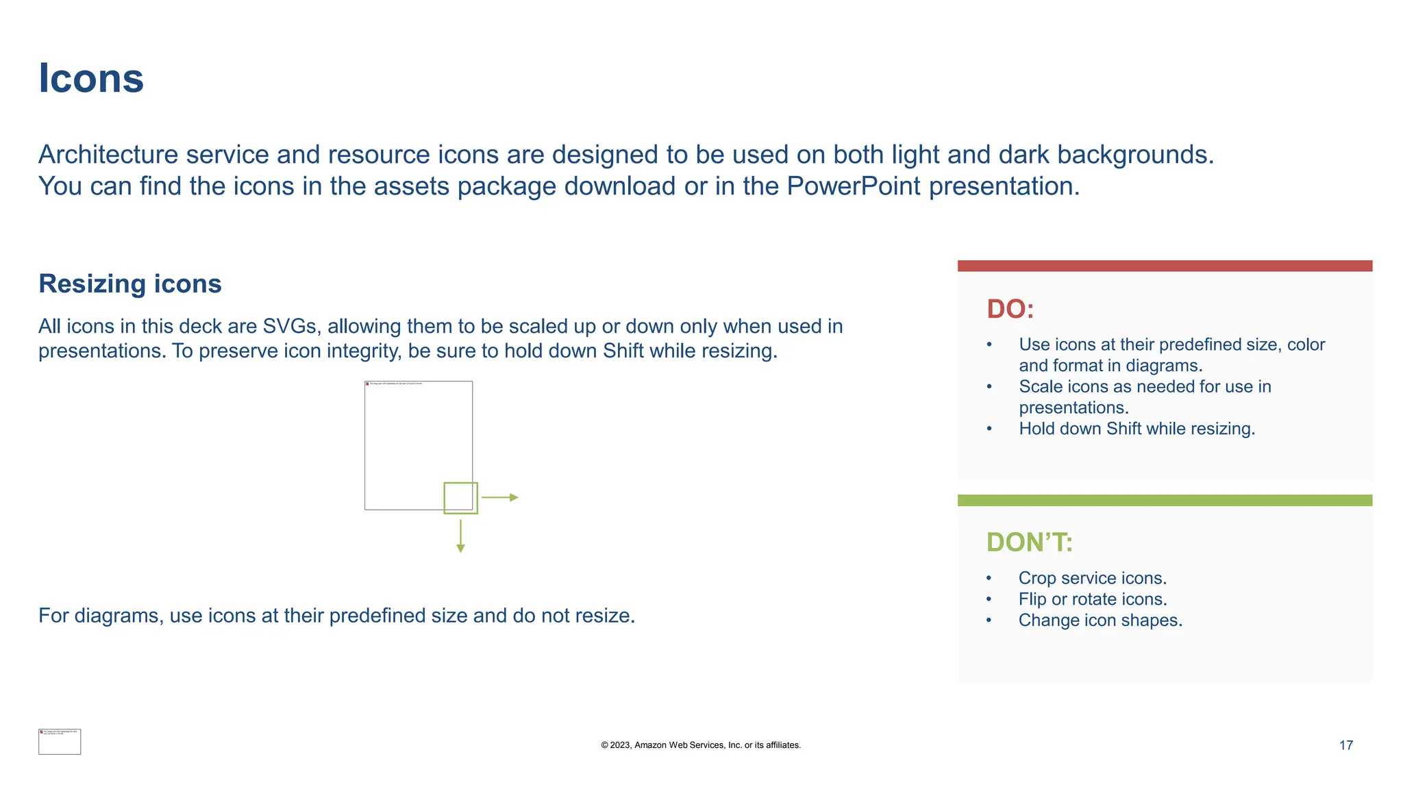 Icons
Architecture service and resource icons are designed to be used on both light and dark backgrounds.
You can find the icons in the assets package download or in the PowerPoint presentation.
Resizing icons
All icons in this deck are SVGs, allowing them to be scaled up or down only when used in
presentations. To preserve icon integrity, be sure to hold down Shift while resizing.
For diagrams, use icons at their predefined size and do not resize.
DO:
DON’T:
• Use icons at their predefined size, color
and format in diagrams.
• Scale icons as needed for use in
presentations.
• Hold down Shift while resizing.
• Crop service icons.
• Flip or rotate icons.
• Change icon shapes.
17
© 2023, Amazon Web Services, Inc. or its affiliates.
 