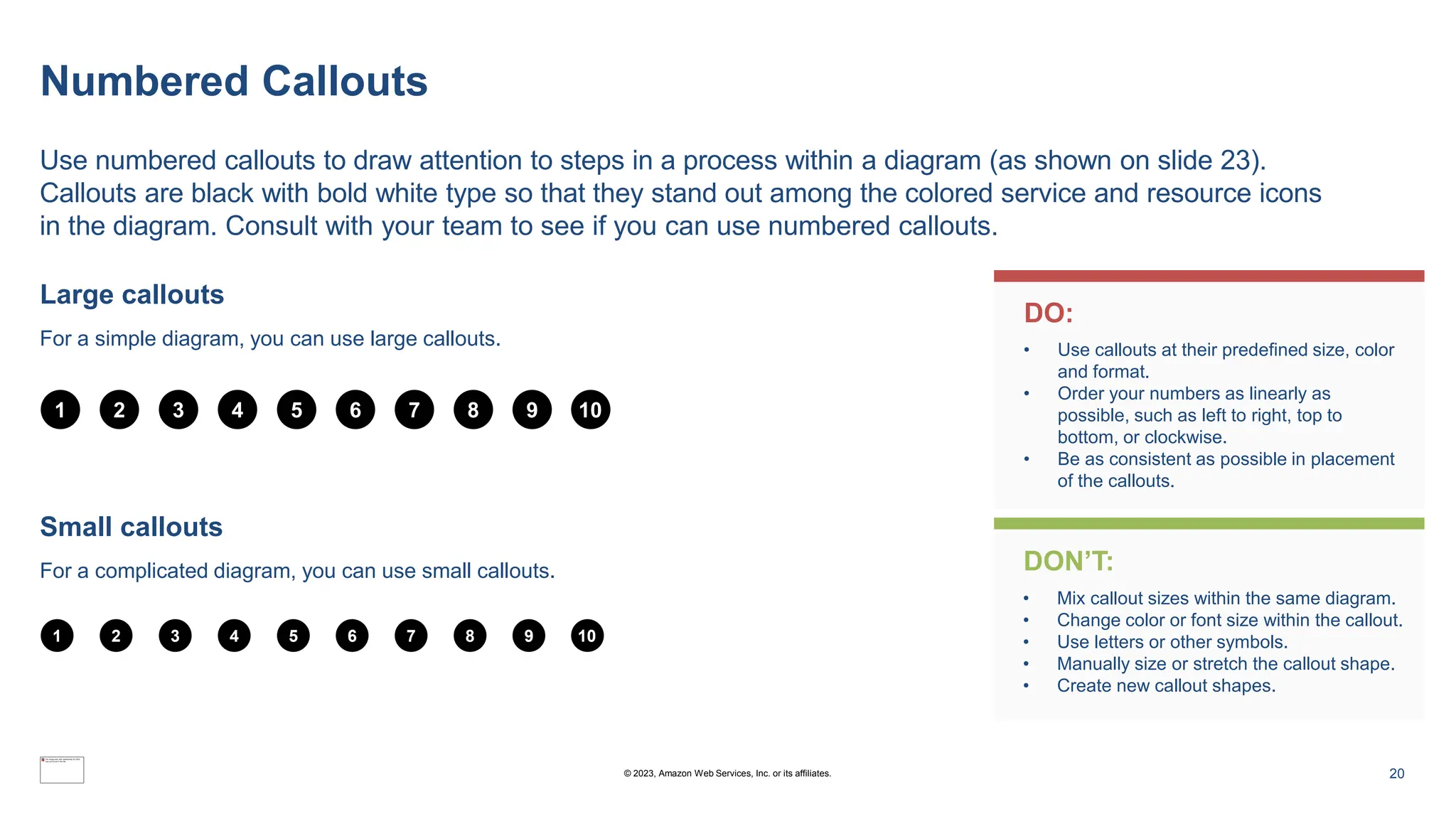 Numbered Callouts
Use numbered callouts to draw attention to steps in a process within a diagram (as shown on slide 23).
Callouts are black with bold white type so that they stand out among the colored service and resource icons
in the diagram. Consult with your team to see if you can use numbered callouts.
Large callouts
For a simple diagram, you can use large callouts.
Small callouts
For a complicated diagram, you can use small callouts.
1 2 3 4 5 6 7 8 9 10
1 2 3 4 5 6 7 8 9 10
DO:
DON’T:
• Use callouts at their predefined size, color
and format.
• Order your numbers as linearly as
possible, such as left to right, top to
bottom, or clockwise.
• Be as consistent as possible in placement
of the callouts.
• Mix callout sizes within the same diagram.
• Change color or font size within the callout.
• Use letters or other symbols.
• Manually size or stretch the callout shape.
• Create new callout shapes.
20
© 2023, Amazon Web Services, Inc. or its affiliates.
 