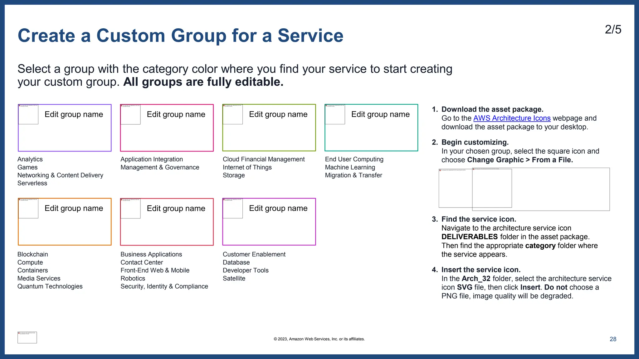 Create a Custom Group for a Service 2/5
Select a group with the category color where you find your service to start creating
your custom group. All groups are fully editable.
Edit group name
Edit group name
Edit group name
Edit group name
Edit group name
Edit group name
Analytics
Games
Networking & Content Delivery
Serverless
Edit group name
Application Integration
Management & Governance
Cloud Financial Management
Internet of Things
Storage
End User Computing
Machine Learning
Migration & Transfer
Blockchain
Compute
Containers
Media Services
Quantum Technologies
Business Applications
Contact Center
Front-End Web & Mobile
Robotics
Security, Identity & Compliance
Customer Enablement
Database
Developer Tools
Satellite
1. Download the asset package.
Go to the AWS Architecture Icons webpage and
download the asset package to your desktop.
2. Begin customizing.
In your chosen group, select the square icon and
choose Change Graphic > From a File.
3. Find the service icon.
Navigate to the architecture service icon
DELIVERABLES folder in the asset package.
Then find the appropriate category folder where
the service appears.
4. Insert the service icon.
In the Arch_32 folder, select the architecture service
icon SVG file, then click Insert. Do not choose a
PNG file, image quality will be degraded.
28
© 2023, Amazon Web Services, Inc. or its affiliates.
 