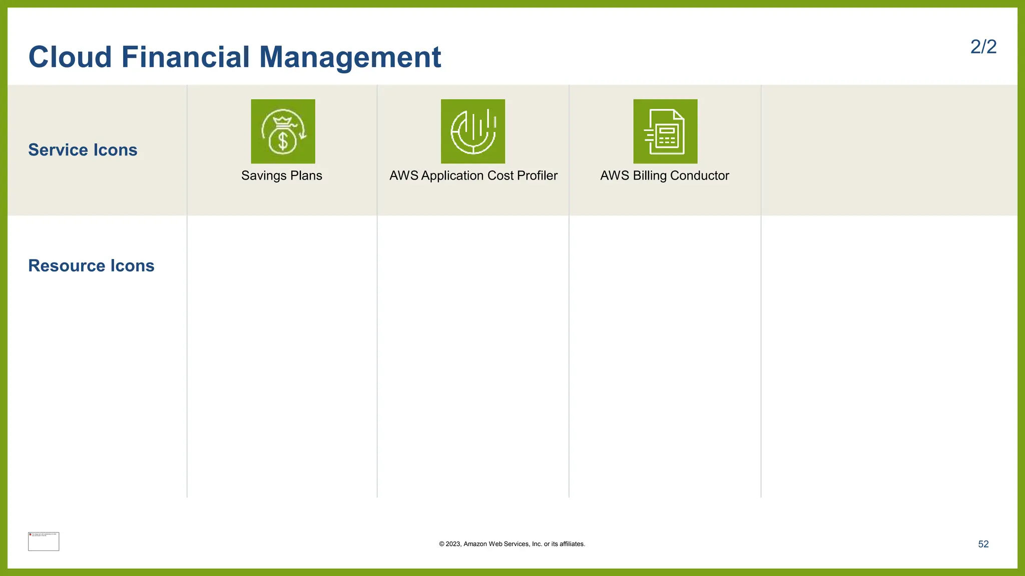 Service Icons
Resource Icons
Cloud Financial Management 2/2
Savings Plans AWS Application Cost Profiler AWS Billing Conductor
52
© 2023, Amazon Web Services, Inc. or its affiliates.
 