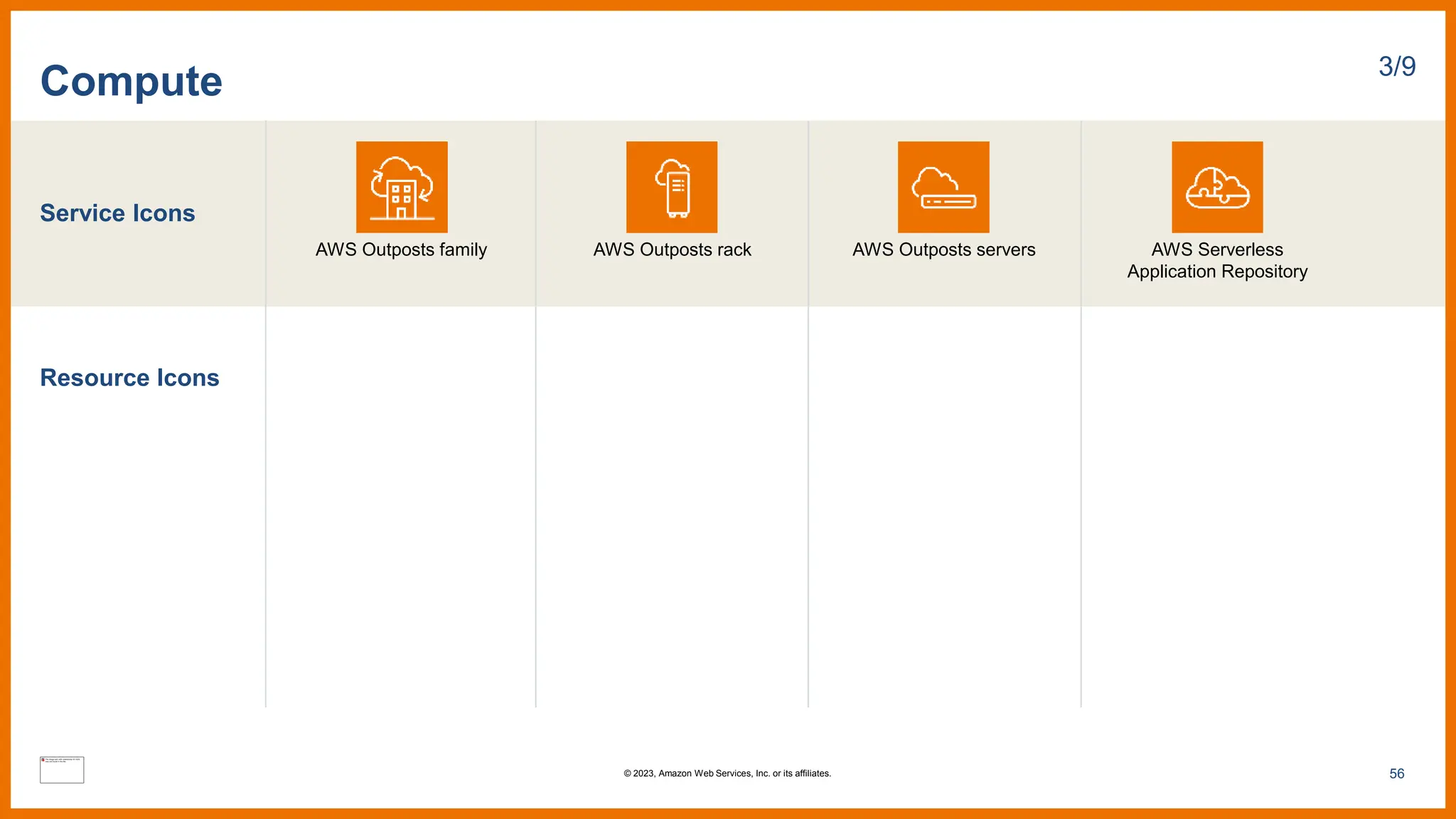 Service Icons
Resource Icons
Compute 3/9
AWS Outposts family AWS Outposts rack AWS Outposts servers AWS Serverless
Application Repository
56
© 2023, Amazon Web Services, Inc. or its affiliates.
 