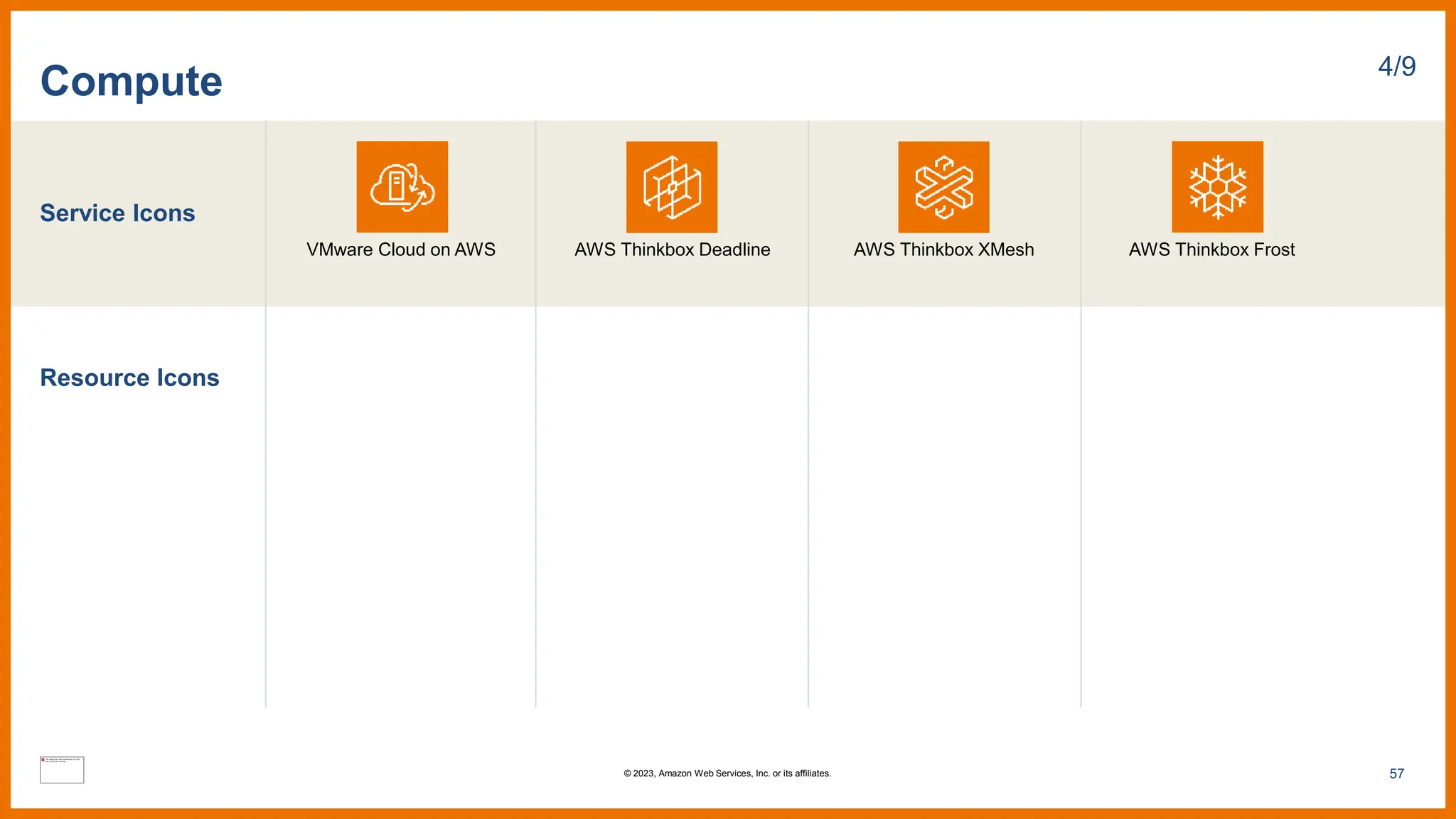 Service Icons
Resource Icons
Compute 4/9
VMware Cloud on AWS AWS Thinkbox Deadline AWS Thinkbox XMesh AWS Thinkbox Frost
57
© 2023, Amazon Web Services, Inc. or its affiliates.
 
