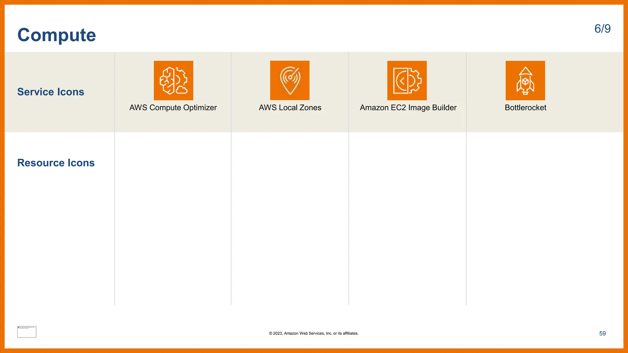 Service Icons
Resource Icons
Compute 6/9
AWS Compute Optimizer AWS Local Zones Amazon EC2 Image Builder Bottlerocket
59
© 2023, Amazon Web Services, Inc. or its affiliates.
 