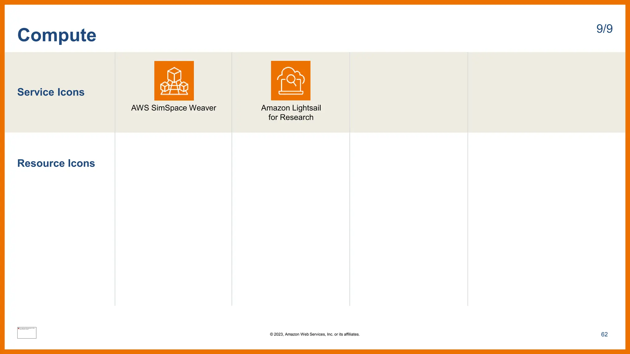 Service Icons
Resource Icons
Compute 9/9
AWS SimSpace Weaver
62
© 2023, Amazon Web Services, Inc. or its affiliates.
Amazon Lightsail
for Research
 