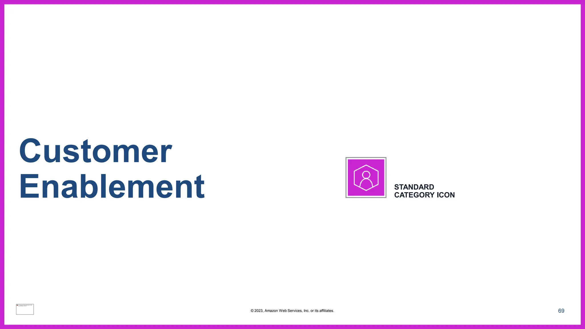 69
Customer
Enablement STANDARD
CATEGORY ICON
© 2023, Amazon Web Services, Inc. or its affiliates.
 