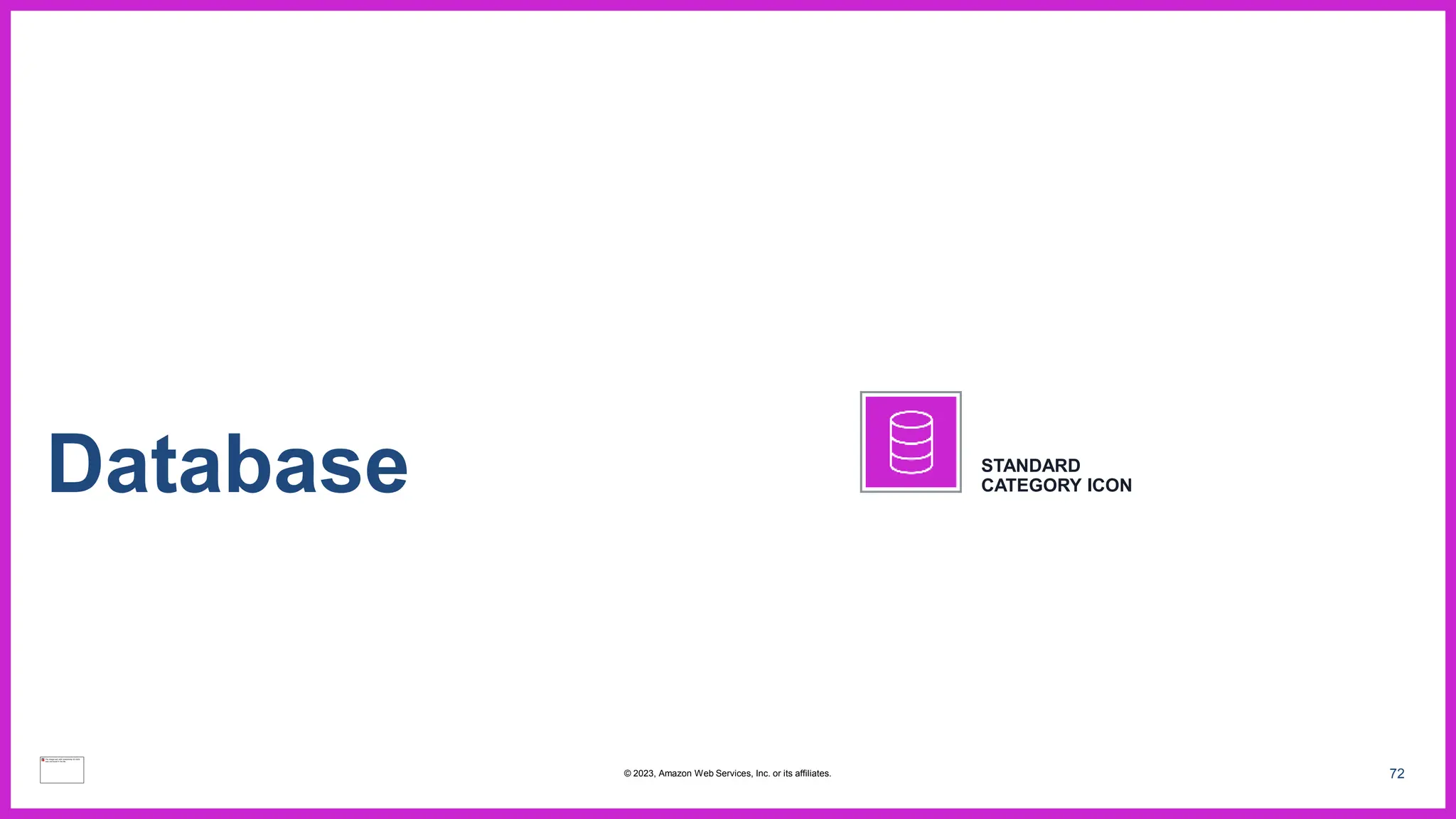 72
Database STANDARD
CATEGORY ICON
© 2023, Amazon Web Services, Inc. or its affiliates.
 