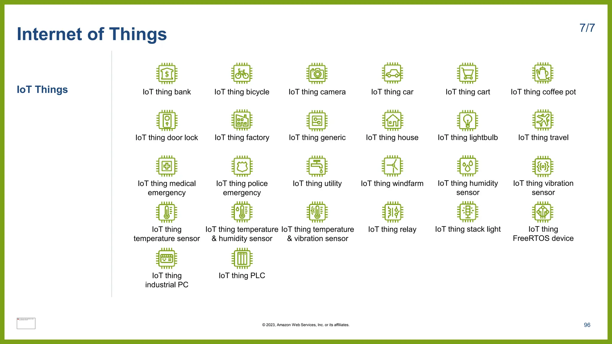 IoT Things
Internet of Things 7/7
IoT thing bicycle IoT thing camera IoT thing car IoT thing cart IoT thing coffee pot
IoT thing bank
IoT thing factory IoT thing generic IoT thing house IoT thing lightbulb IoT thing travel
IoT thing police
emergency
IoT thing utility IoT thing windfarm
IoT thing medical
emergency
IoT thing door lock
IoT thing humidity
sensor
IoT thing vibration
sensor
IoT thing temperature
& humidity sensor
IoT thing temperature
& vibration sensor
IoT thing relay
IoT thing
temperature sensor
IoT thing stack light IoT thing
FreeRTOS device
IoT thing PLC
IoT thing
industrial PC
96
© 2023, Amazon Web Services, Inc. or its affiliates.
 
