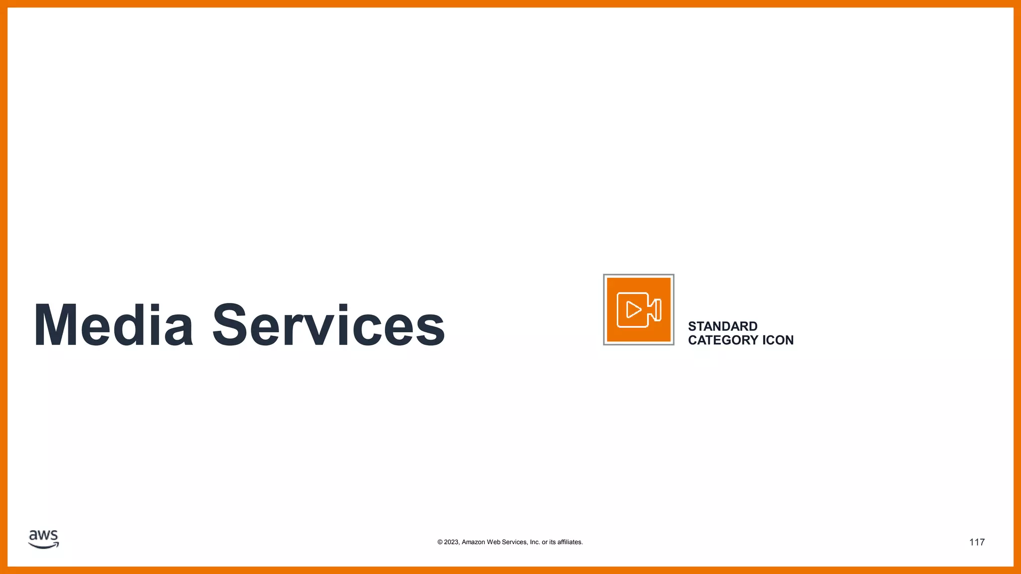 117
Media Services STANDARD
CATEGORY ICON
© 2023, Amazon Web Services, Inc. or its affiliates.
 