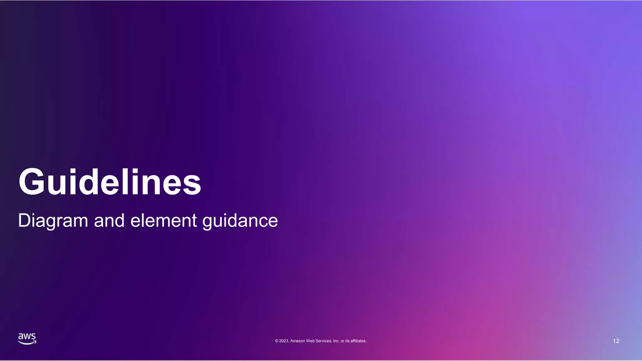 12
Guidelines
Diagram and element guidance
© 2023, Amazon Web Services, Inc. or its affiliates.
 