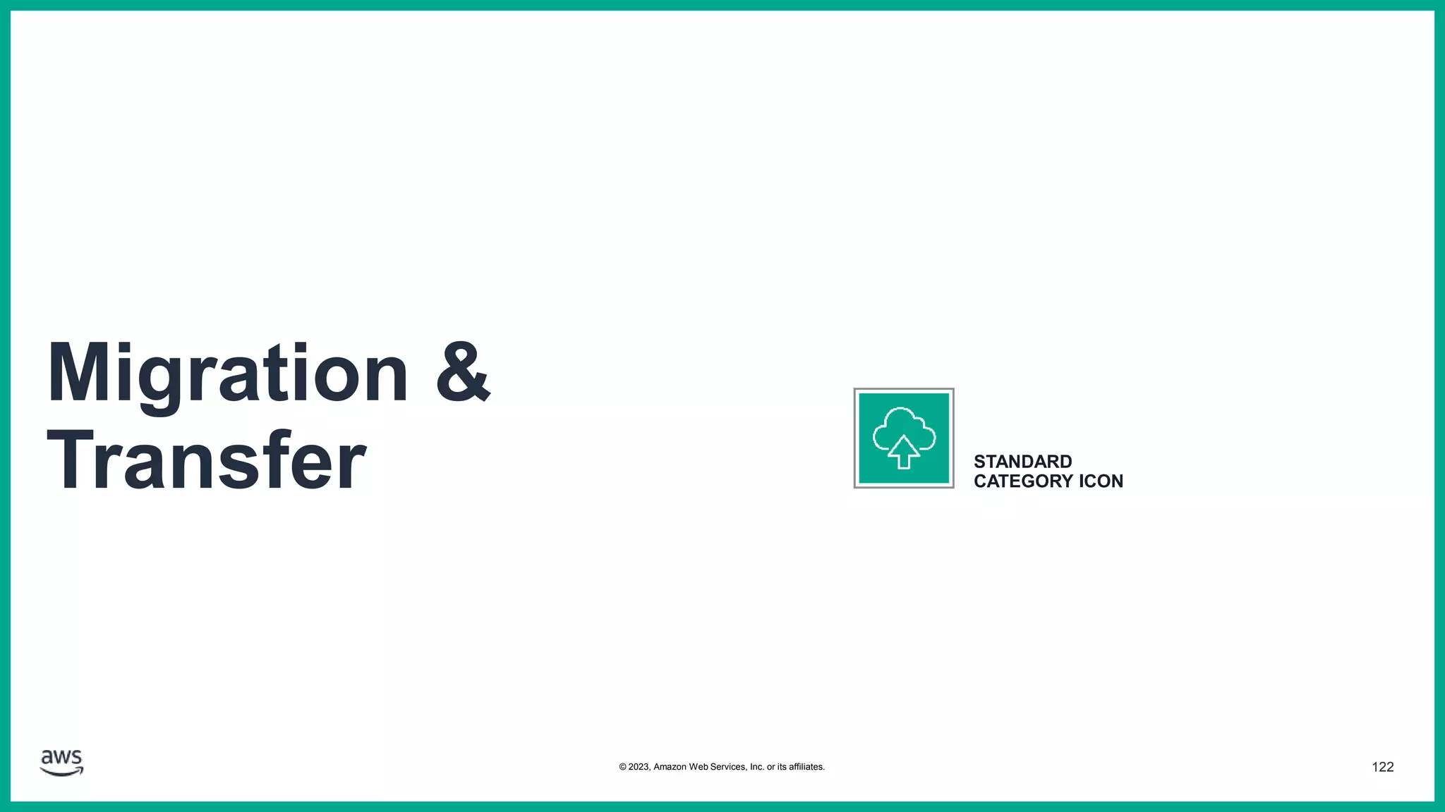 122
Migration &
Transfer STANDARD
CATEGORY ICON
© 2023, Amazon Web Services, Inc. or its affiliates.
 