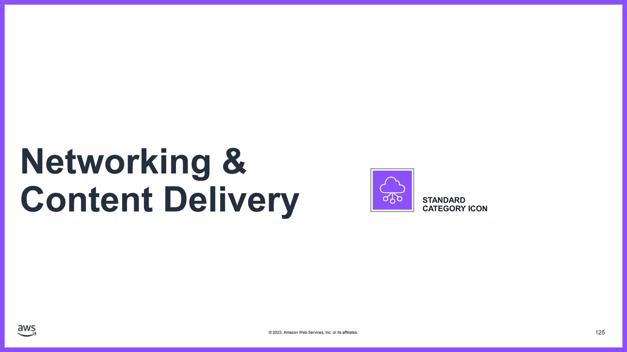 125
Networking &
Content Delivery STANDARD
CATEGORY ICON
© 2023, Amazon Web Services, Inc. or its affiliates.
 