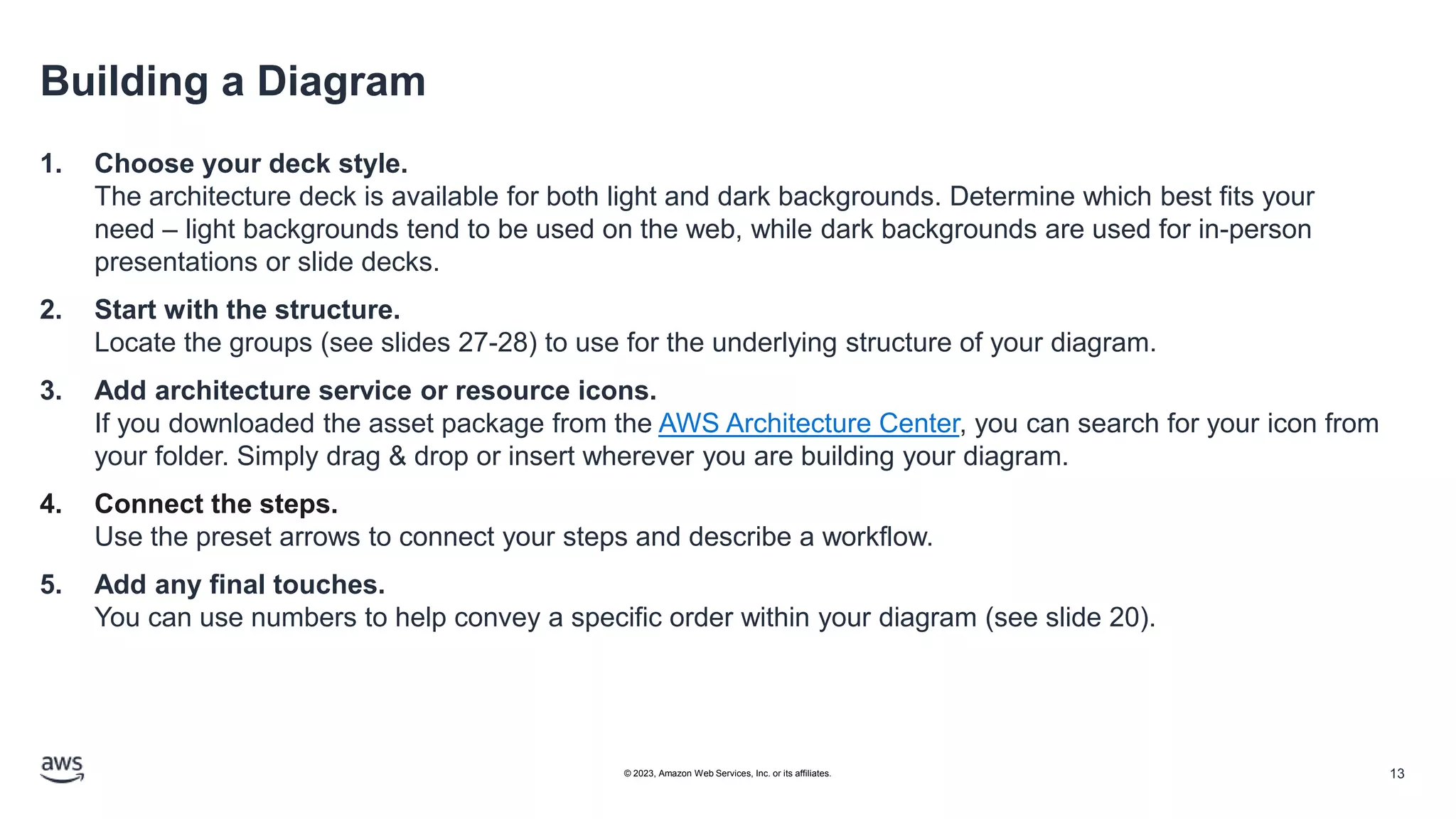 Building a Diagram
1. Choose your deck style.
The architecture deck is available for both light and dark backgrounds. Determine which best fits your
need – light backgrounds tend to be used on the web, while dark backgrounds are used for in-person
presentations or slide decks.
2. Start with the structure.
Locate the groups (see slides 27-28) to use for the underlying structure of your diagram.
3. Add architecture service or resource icons.
If you downloaded the asset package from the AWS Architecture Center, you can search for your icon from
your folder. Simply drag & drop or insert wherever you are building your diagram.
4. Connect the steps.
Use the preset arrows to connect your steps and describe a workflow.
5. Add any final touches.
You can use numbers to help convey a specific order within your diagram (see slide 20).
13
© 2023, Amazon Web Services, Inc. or its affiliates.
 