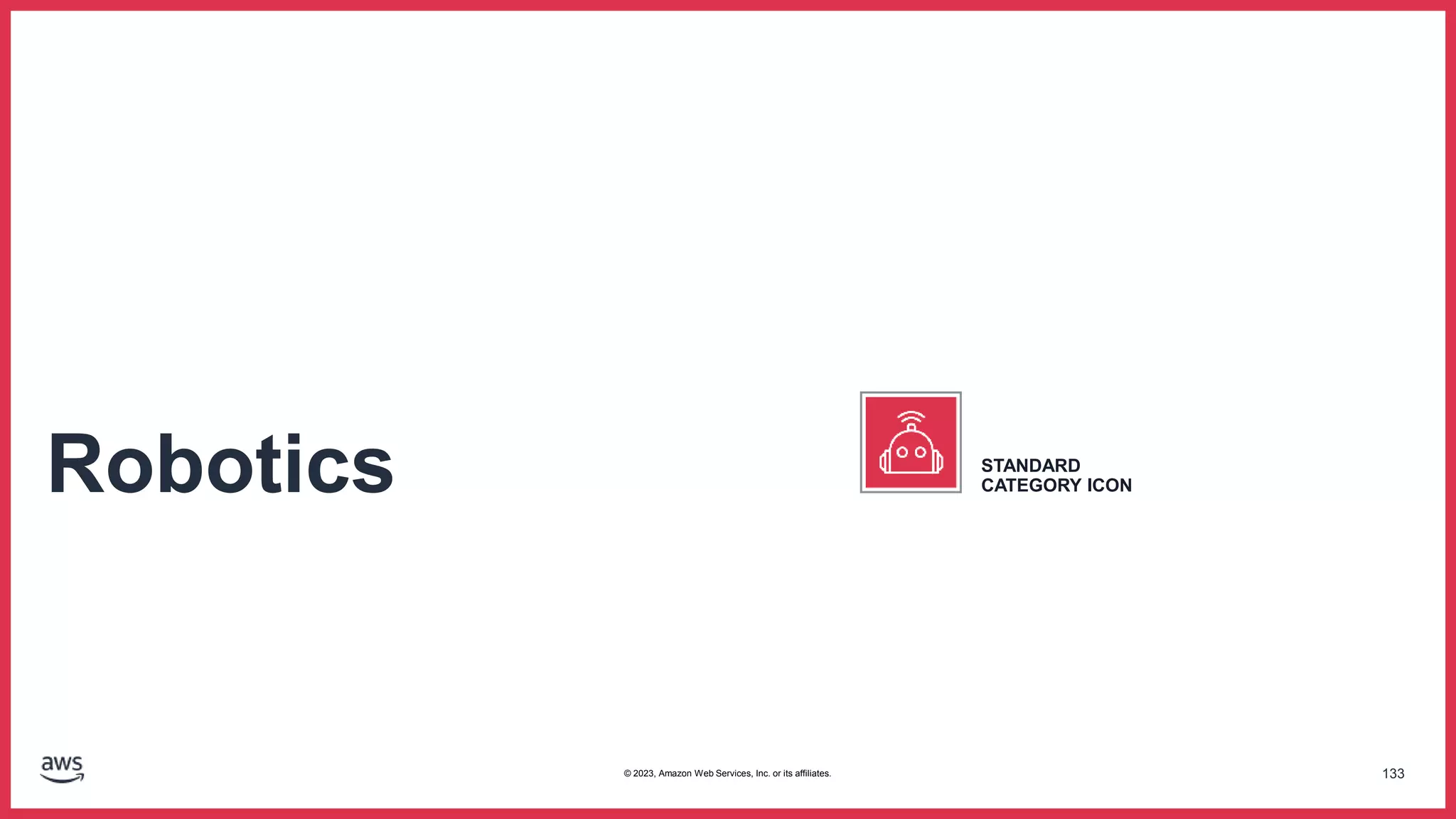 133
Robotics STANDARD
CATEGORY ICON
© 2023, Amazon Web Services, Inc. or its affiliates.
 