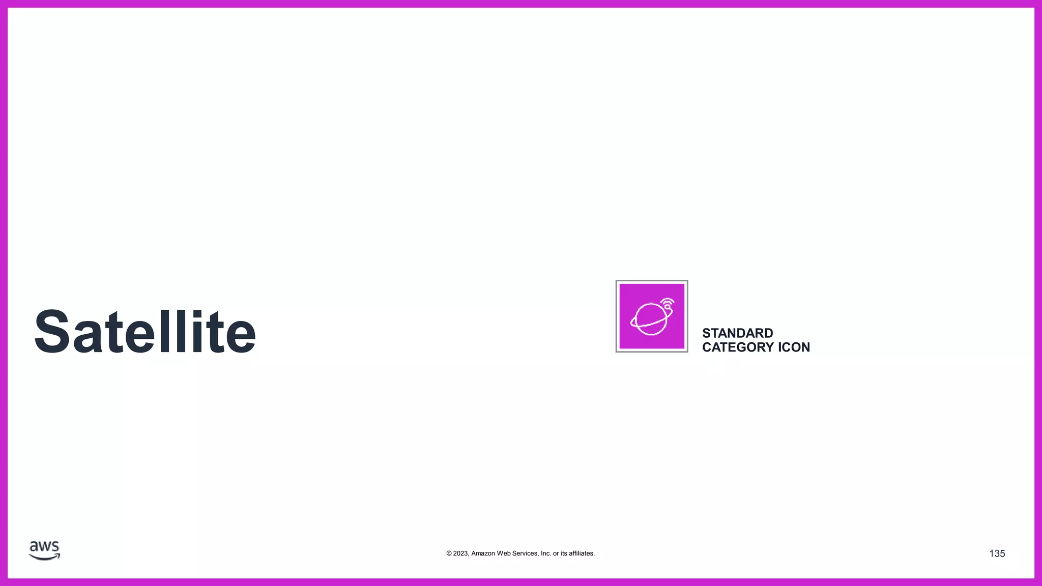 135
Satellite STANDARD
CATEGORY ICON
© 2023, Amazon Web Services, Inc. or its affiliates.
 
