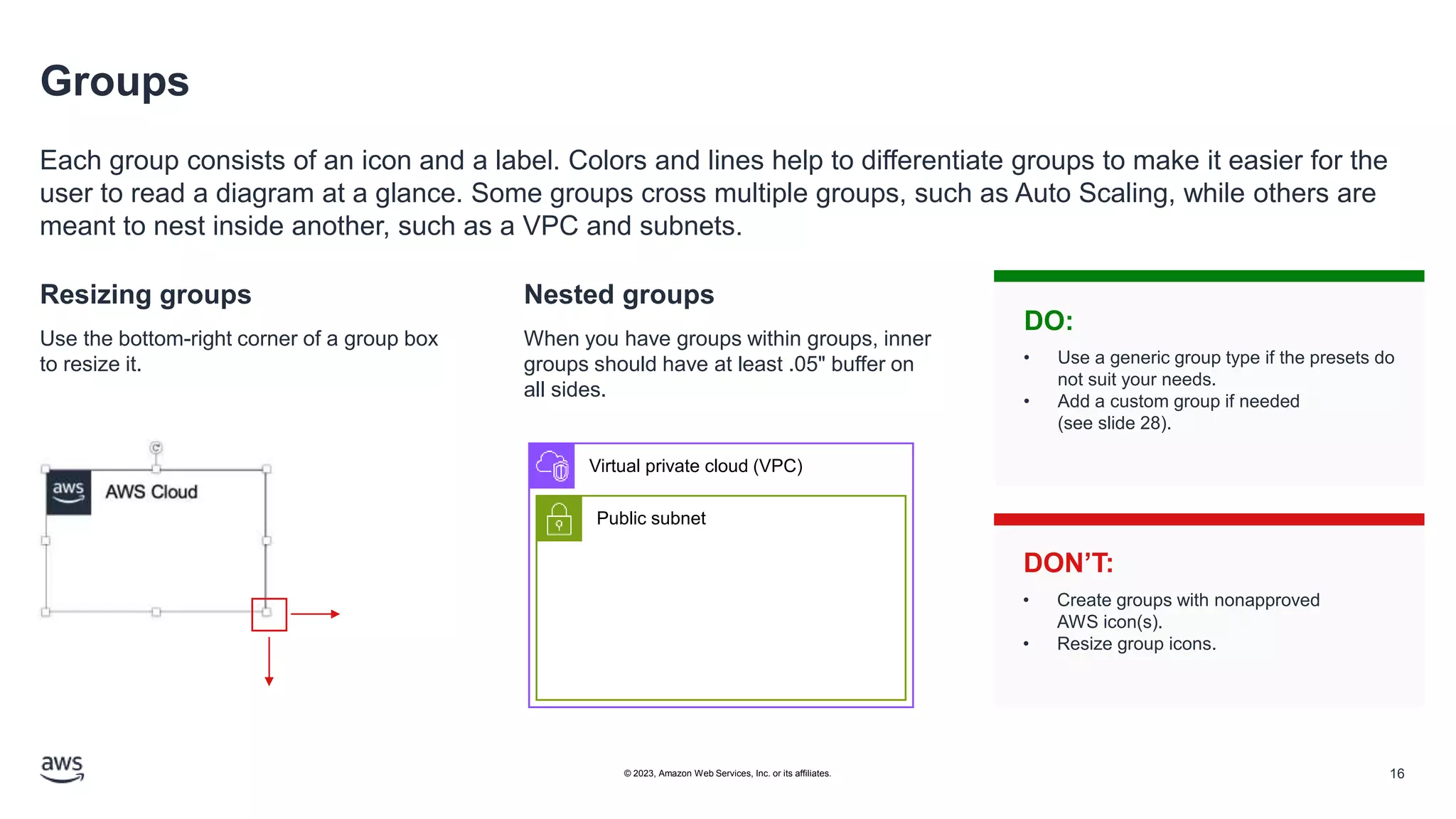 Groups
Each group consists of an icon and a label. Colors and lines help to differentiate groups to make it easier for the
user to read a diagram at a glance. Some groups cross multiple groups, such as Auto Scaling, while others are
meant to nest inside another, such as a VPC and subnets.
Resizing groups
Use the bottom-right corner of a group box
to resize it.
Nested groups
When you have groups within groups, inner
groups should have at least .05" buffer on
all sides.
Virtual private cloud (VPC)
DO:
DON’T:
• Use a generic group type if the presets do
not suit your needs.
• Add a custom group if needed
(see slide 28).
• Create groups with nonapproved
AWS icon(s).
• Resize group icons.
Public subnet
16
© 2023, Amazon Web Services, Inc. or its affiliates.
 