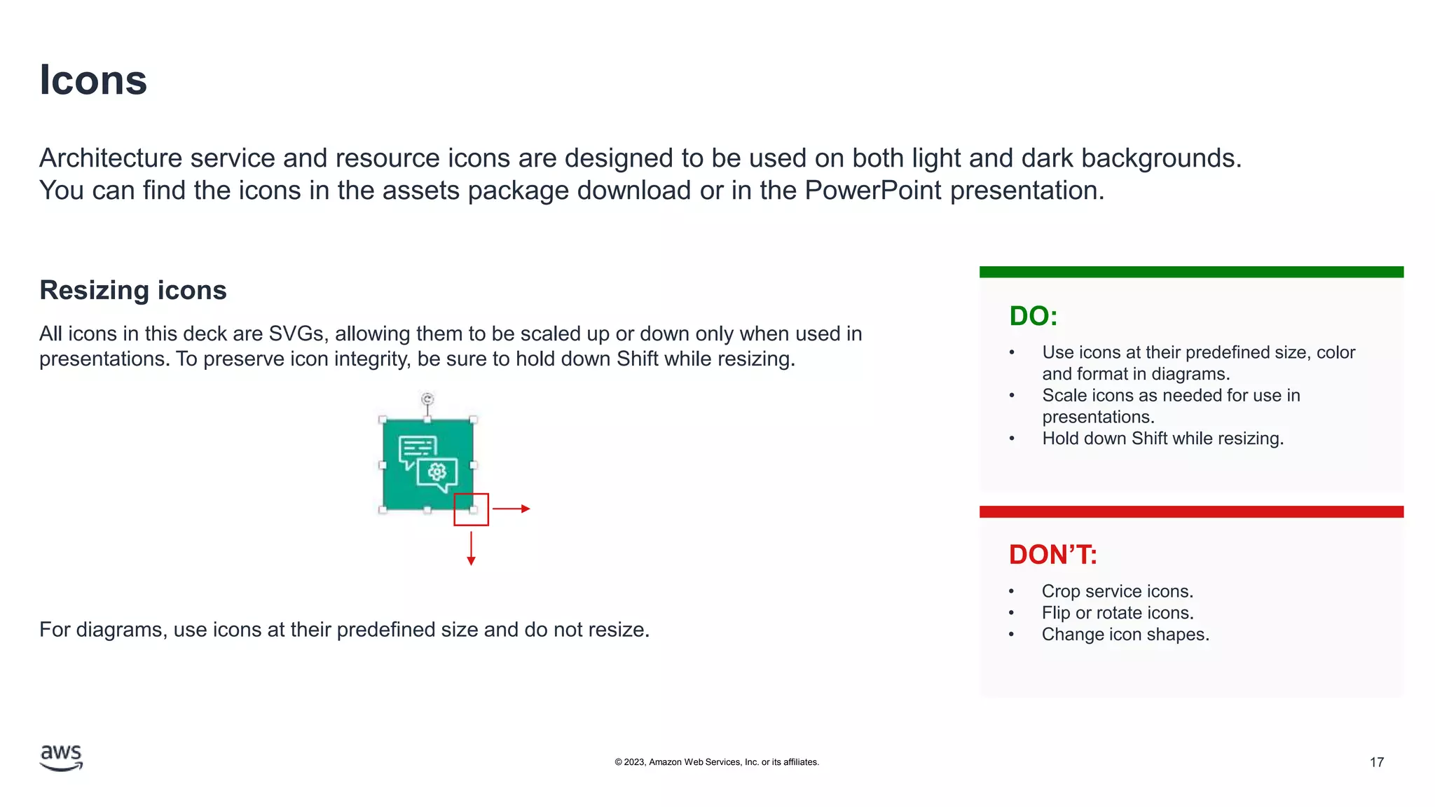 Icons
Architecture service and resource icons are designed to be used on both light and dark backgrounds.
You can find the icons in the assets package download or in the PowerPoint presentation.
Resizing icons
All icons in this deck are SVGs, allowing them to be scaled up or down only when used in
presentations. To preserve icon integrity, be sure to hold down Shift while resizing.
For diagrams, use icons at their predefined size and do not resize.
DO:
DON’T:
• Use icons at their predefined size, color
and format in diagrams.
• Scale icons as needed for use in
presentations.
• Hold down Shift while resizing.
• Crop service icons.
• Flip or rotate icons.
• Change icon shapes.
17
© 2023, Amazon Web Services, Inc. or its affiliates.
 