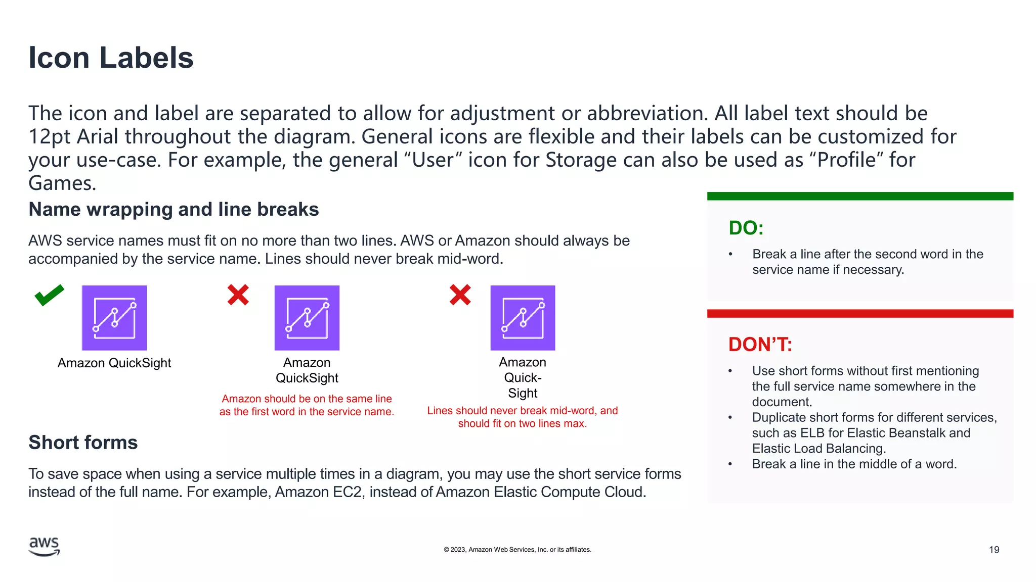 Icon Labels
The icon and label are separated to allow for adjustment or abbreviation. All label text should be
12pt Arial throughout the diagram. General icons are flexible and their labels can be customized for
your use-case. For example, the general “User” icon for Storage can also be used as “Profile” for
Games.
Name wrapping and line breaks
AWS service names must fit on no more than two lines. AWS or Amazon should always be
accompanied by the service name. Lines should never break mid-word.
Short forms
To save space when using a service multiple times in a diagram, you may use the short service forms
instead of the full name. For example, Amazon EC2, instead of Amazon Elastic Compute Cloud.
Amazon QuickSight Amazon
QuickSight
Amazon
Quick-
Sight
Lines should never break mid-word, and
should fit on two lines max.
Amazon should be on the same line
as the first word in the service name.
DO:
DON’T:
• Break a line after the second word in the
service name if necessary.
• Use short forms without first mentioning
the full service name somewhere in the
document.
• Duplicate short forms for different services,
such as ELB for Elastic Beanstalk and
Elastic Load Balancing.
• Break a line in the middle of a word.
19
© 2023, Amazon Web Services, Inc. or its affiliates.
 