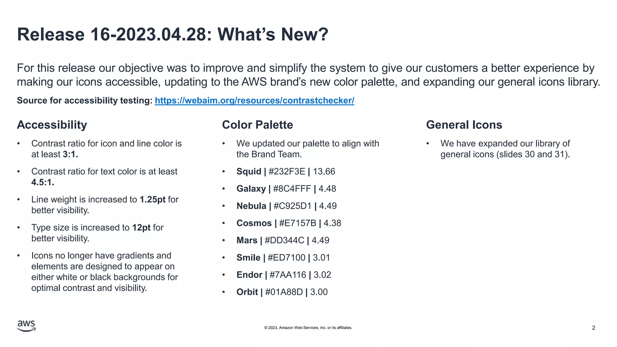 Release 16-2023.04.28: What’s New?
For this release our objective was to improve and simplify the system to give our customers a better experience by
making our icons accessible, updating to the AWS brand’s new color palette, and expanding our general icons library.
Source for accessibility testing: https://webaim.org/resources/contrastchecker/
Accessibility
• Contrast ratio for icon and line color is
at least 3:1.
• Contrast ratio for text color is at least
4.5:1.
• Line weight is increased to 1.25pt for
better visibility.
• Type size is increased to 12pt for
better visibility.
• Icons no longer have gradients and
elements are designed to appear on
either white or black backgrounds for
optimal contrast and visibility.
Color Palette
• We updated our palette to align with
the Brand Team.
• Squid | #232F3E | 13.66
• Galaxy | #8C4FFF | 4.48
• Nebula | #C925D1 | 4.49
• Cosmos | #E7157B | 4.38
• Mars | #DD344C | 4.49
• Smile | #ED7100 | 3.01
• Endor | #7AA116 | 3.02
• Orbit | #01A88D | 3.00
General Icons
• We have expanded our library of
general icons (slides 30 and 31).
© 2023, Amazon Web Services, Inc. or its affiliates. 2
 